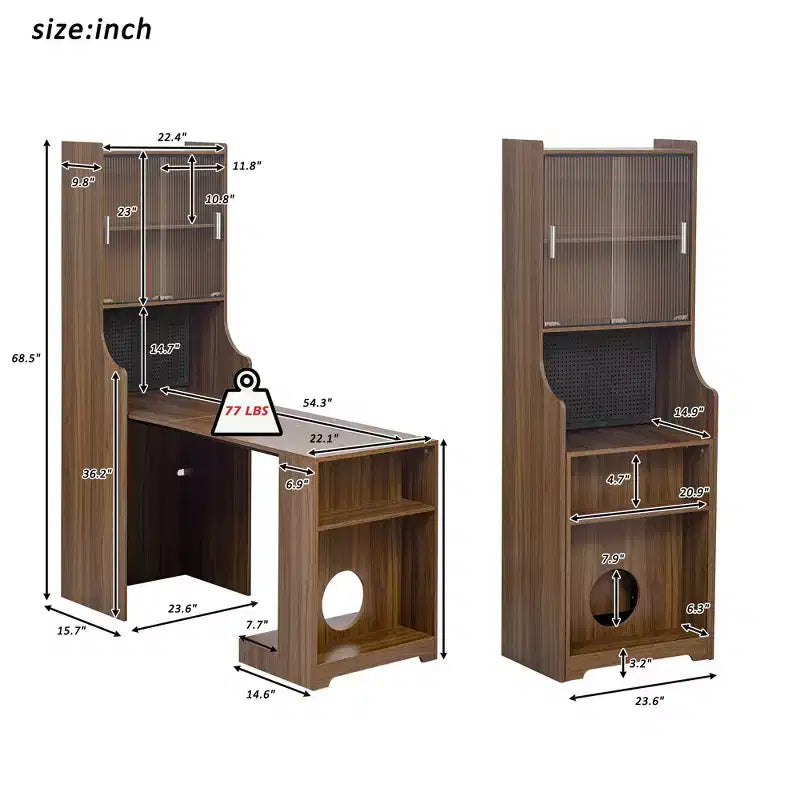 Bureau d'ordinateur pliable avec niche pour animaux et étagères, doté d'une planche perforée et incluant un couchage pour chat et un griffoir, coloris Noyer - ModernLuxe