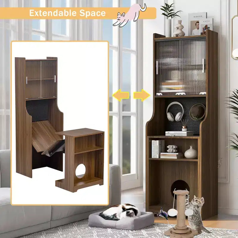 Bureau d'ordinateur pliable avec niche pour animaux et étagères, doté d'une planche perforée et incluant un couchage pour chat et un griffoir, coloris Noyer - ModernLuxe