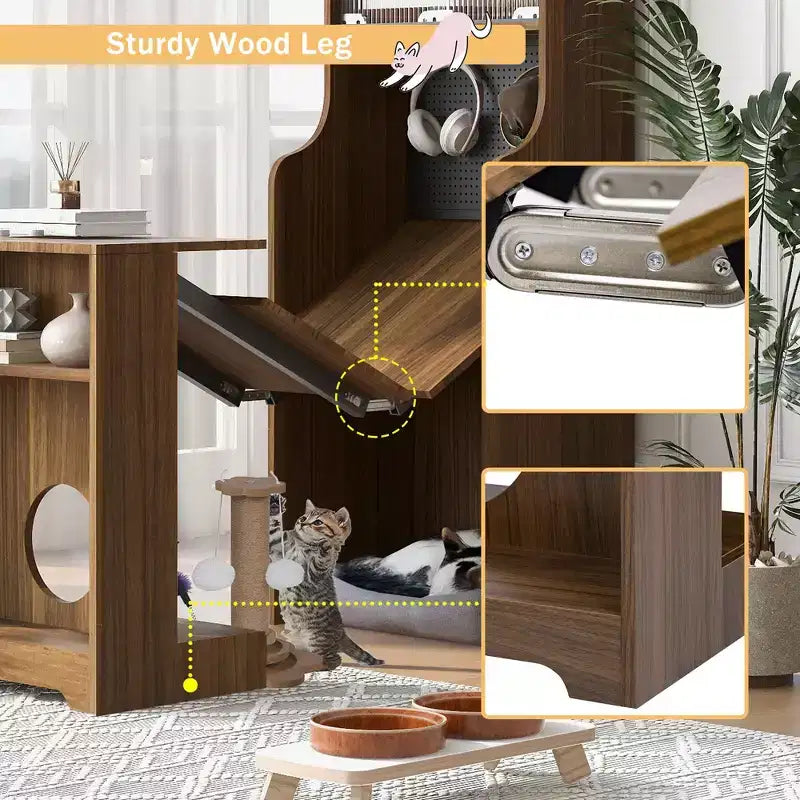 Bureau d'ordinateur pliable avec niche pour animaux et étagères, doté d'une planche perforée et incluant un couchage pour chat et un griffoir, coloris Noyer - ModernLuxe