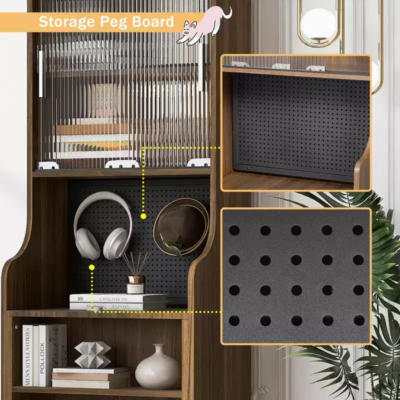 Bureau d'ordinateur pliable avec niche pour animaux et étagères, doté d'une planche perforée et incluant un couchage pour chat et un griffoir, coloris Noyer - ModernLuxe
