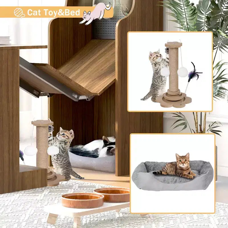 Bureau d'ordinateur pliable avec niche pour animaux et étagères, doté d'une planche perforée et incluant un couchage pour chat et un griffoir, coloris Noyer - ModernLuxe