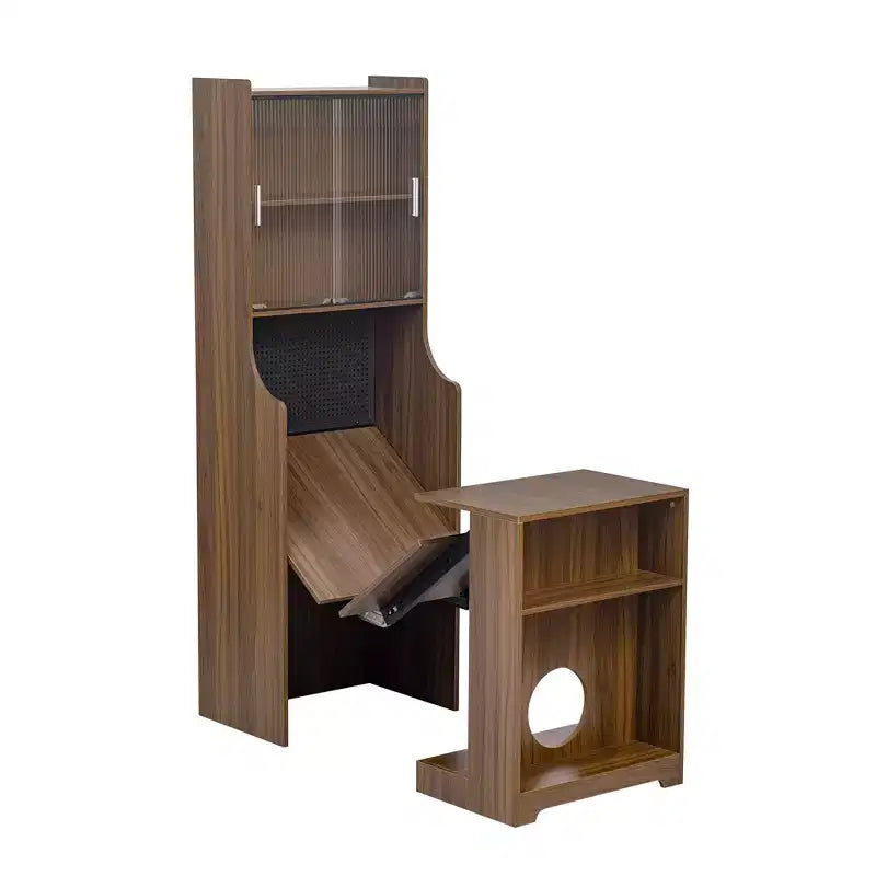 Bureau d'ordinateur pliable avec niche pour animaux et étagères, doté d'une planche perforée et incluant un couchage pour chat et un griffoir, coloris Noyer - ModernLuxe