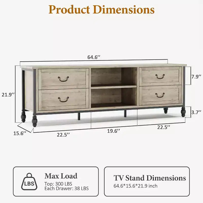 COZONY Meuble TV gris rustique 65", meuble TV moderne du milieu du siècle pour salon avec rangement et étagères réglables, convient aux téléviseurs jusqu'à 75 pouces
