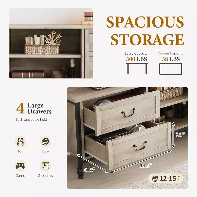 COZONY Meuble TV gris rustique 65", meuble TV moderne du milieu du siècle pour salon avec rangement et étagères réglables, convient aux téléviseurs jusqu'à 75 pouces