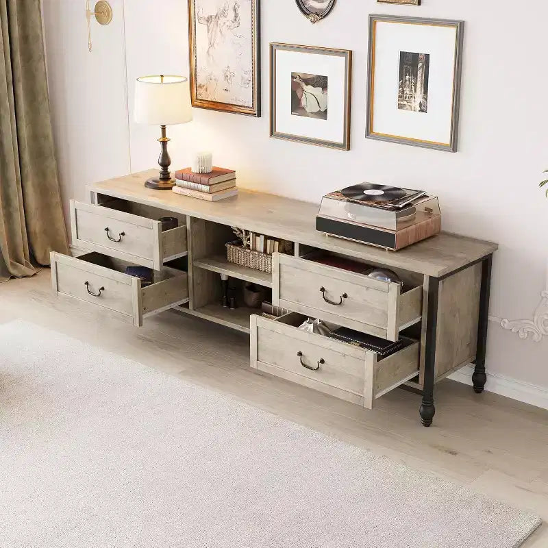 COZONY Meuble TV gris rustique 65", meuble TV moderne du milieu du siècle pour salon avec rangement et étagères réglables, convient aux téléviseurs jusqu'à 75 pouces
