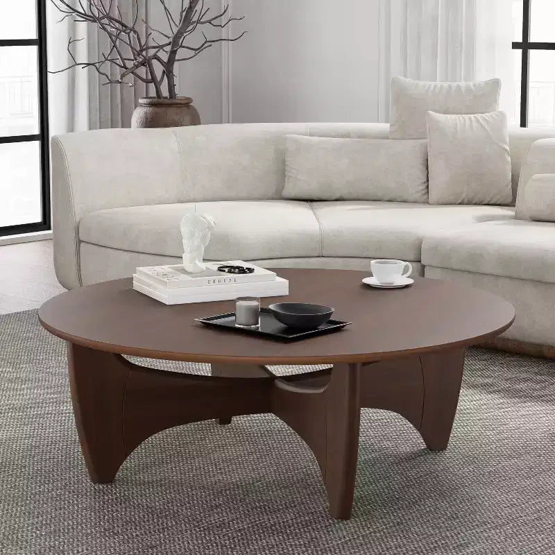 PexFix Table Basse Ronde Moderne 38, Table de Salon en Bois Massif Style Ferme avec Pieds Robustes en Croix pour Bureau à Domicile Salon, Noyer