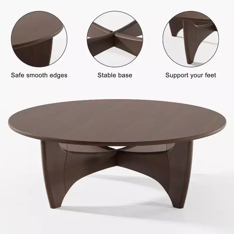 PexFix Table Basse Ronde Moderne 38, Table de Salon en Bois Massif Style Ferme avec Pieds Robustes en Croix pour Bureau à Domicile Salon, Noyer