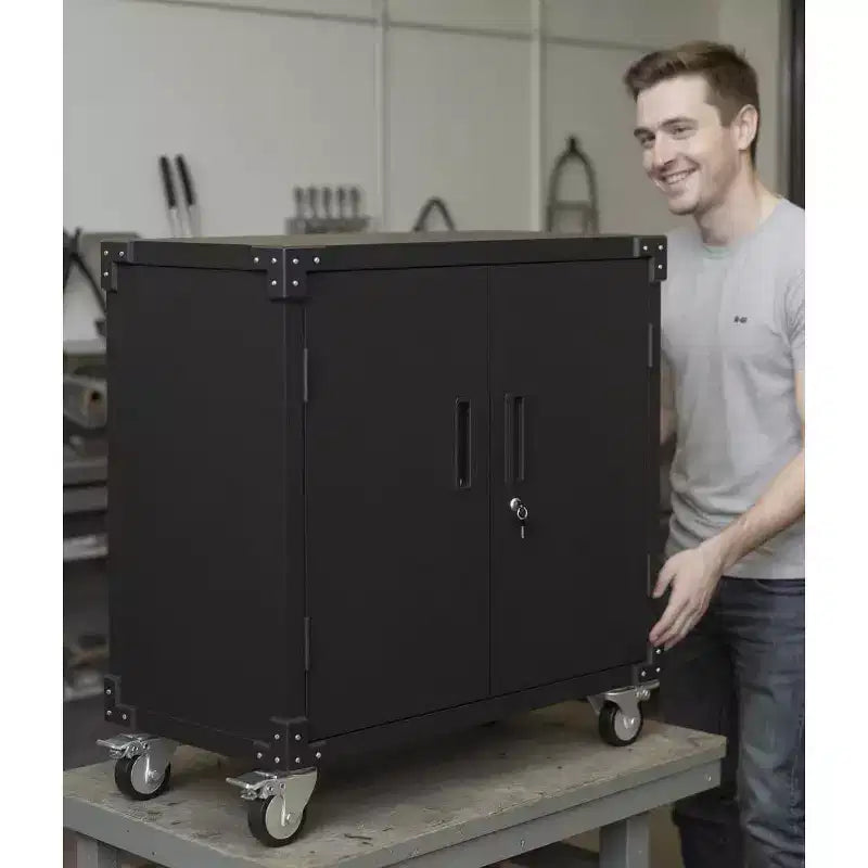 COZONY Armoire de rangement métallique à roulettes, Armoire à outils verrouillable, Étagères réglables, Garage, Bureau, Noir