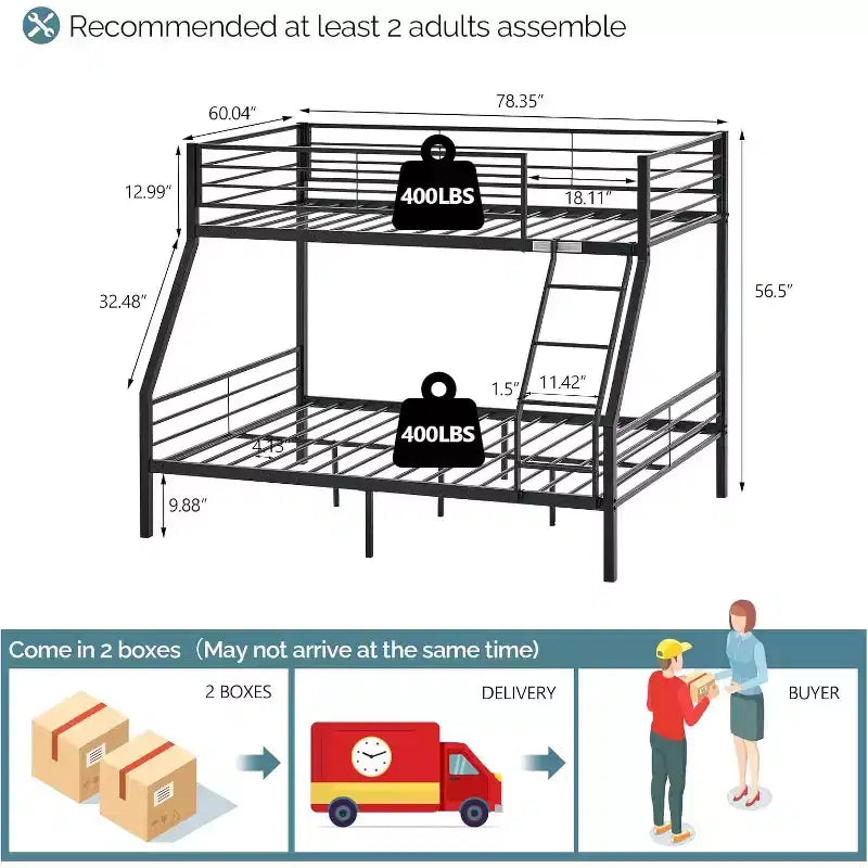Lit superposé VINGLI deux places au-dessus de double pour enfants/adultes avec escalier à barreaux plats, lattes métalliques robustes, sommier tapissier non requis, noir