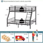 Lit superposé VINGLI deux places au-dessus de double pour enfants/adultes avec escalier à barreaux plats, lattes métalliques robustes, sommier tapissier non requis, noir