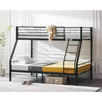 Lit superposé VINGLI deux places au-dessus de double pour enfants/adultes avec escalier à barreaux plats, lattes métalliques robustes, sommier tapissier non requis, noir