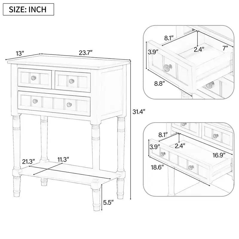 Bellemave Console étroite, Table de canapé fine avec trois tiroirs de rangement et étagère inférieure, Beige