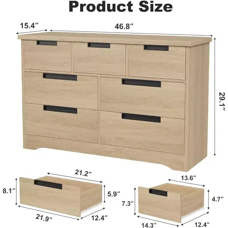 Commode CuisinSmart à 7 tiroirs, commode en bois avec poignées intégrées, organisateur de commode pour salon, chambre de bébé, couloir et entrée.