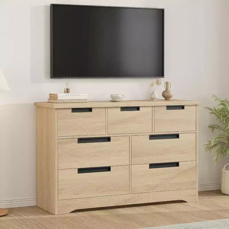 Commode CuisinSmart à 7 tiroirs, commode en bois avec poignées intégrées, organisateur de commode pour salon, chambre de bébé, couloir et entrée.