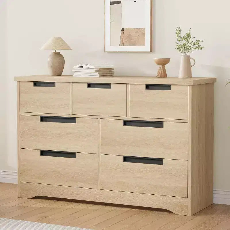 Commode CuisinSmart à 7 tiroirs, commode en bois avec poignées intégrées, organisateur de commode pour salon, chambre de bébé, couloir et entrée.