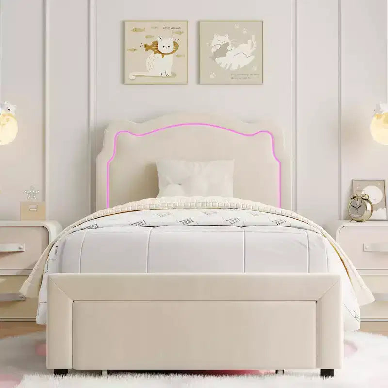 Cadre de lit double rembourré avec tiroirs de rangement, lumières, lit plateforme en velours avec tête de lit ours réglable en hauteur, silencieux