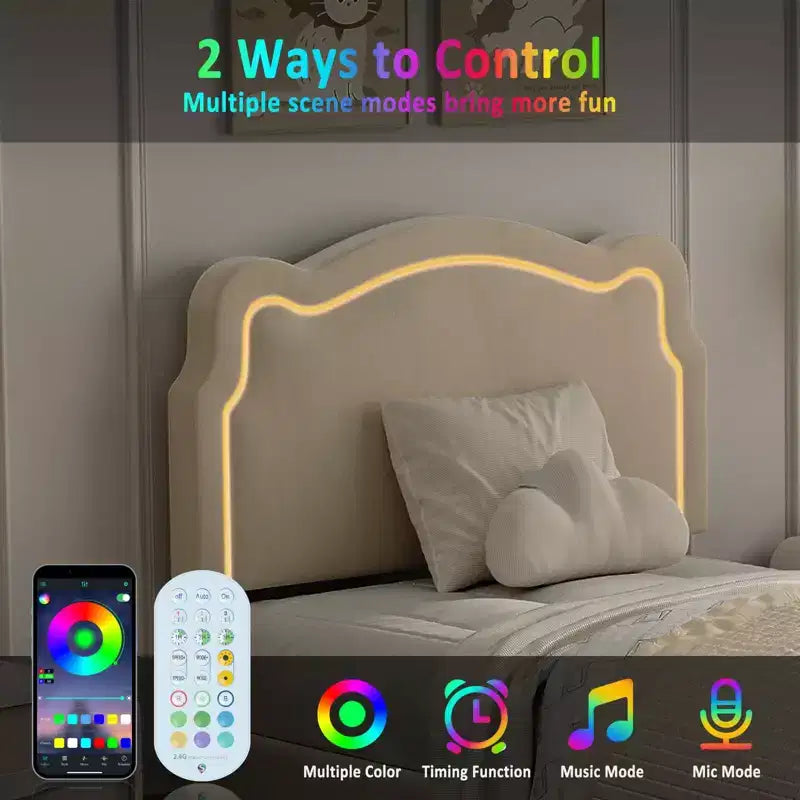 Cadre de lit double rembourré avec tiroirs de rangement, lumières, lit plateforme en velours avec tête de lit ours réglable en hauteur, silencieux