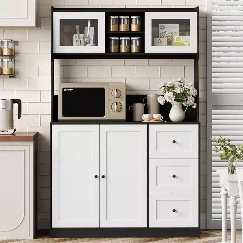 CuisinSmart Armoire de cuisine haute de 170 cm, meuble bar à café avec 3 tiroirs et éclairage, garde-manger autoportant