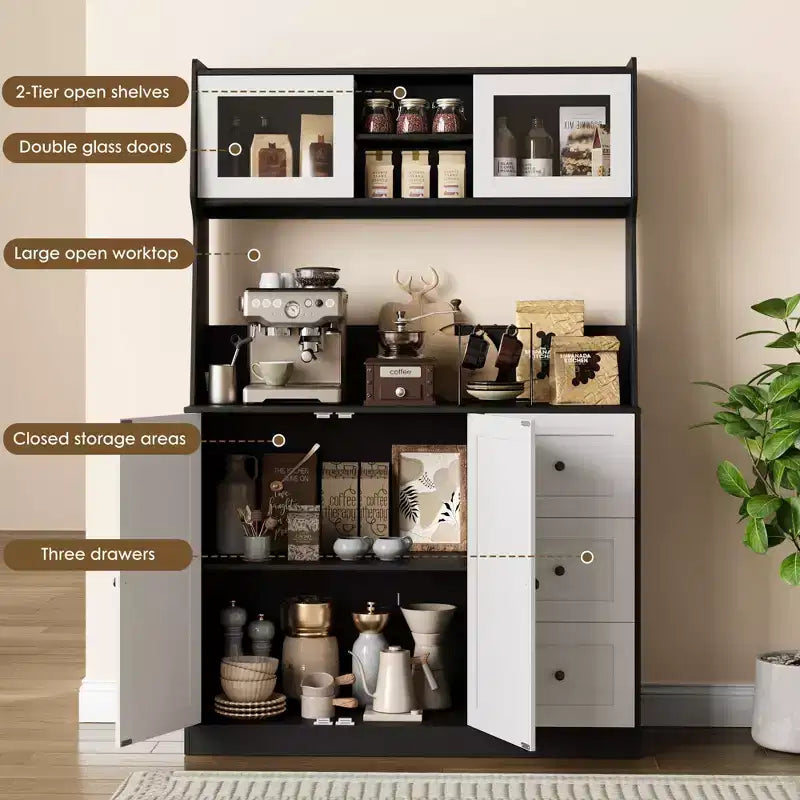 CuisinSmart Armoire de cuisine haute de 170 cm, meuble bar à café avec 3 tiroirs et éclairage, garde-manger autoportant
