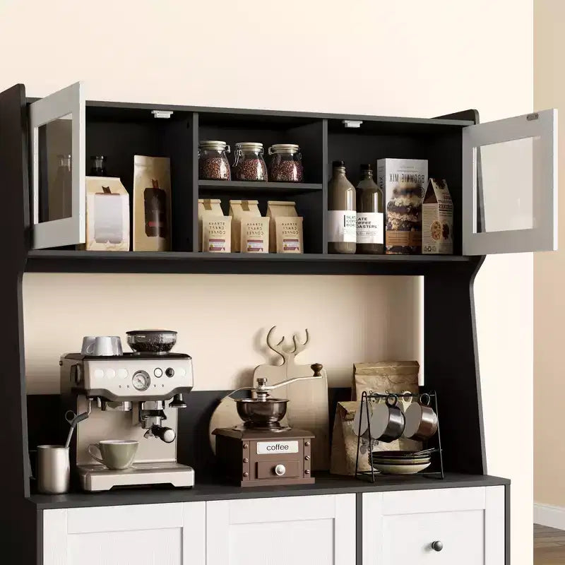 CuisinSmart Armoire de cuisine haute de 170 cm, meuble bar à café avec 3 tiroirs et éclairage, garde-manger autoportant