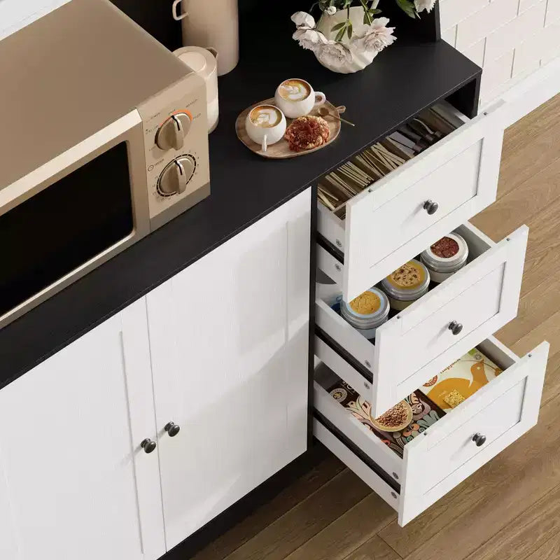 CuisinSmart Armoire de cuisine haute de 170 cm, meuble bar à café avec 3 tiroirs et éclairage, garde-manger autoportant