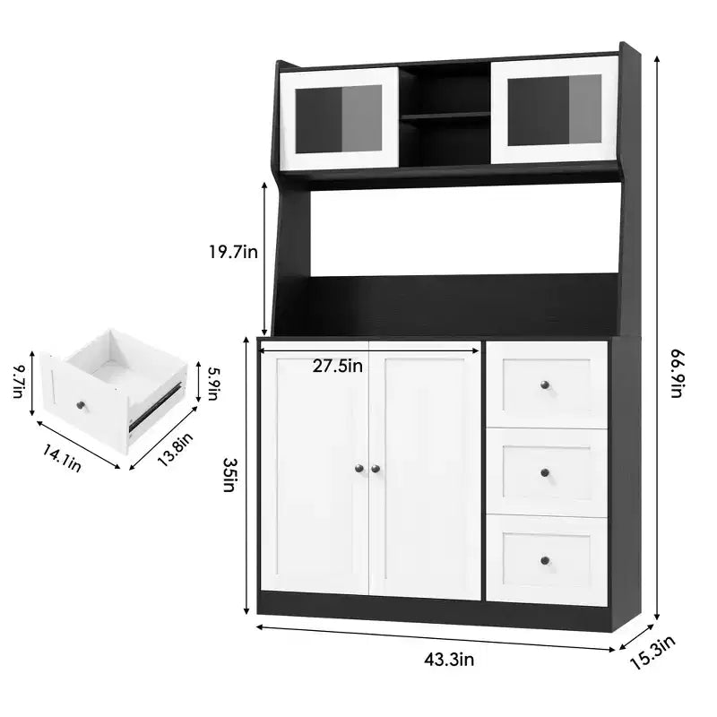 CuisinSmart Armoire de cuisine haute de 170 cm, meuble bar à café avec 3 tiroirs et éclairage, garde-manger autoportant