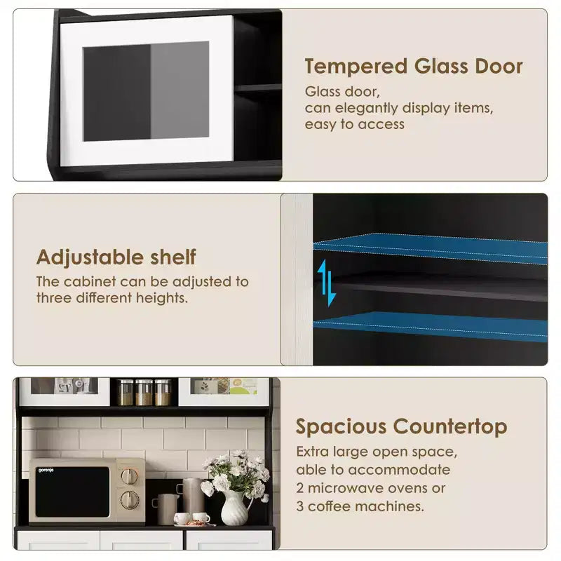 CuisinSmart Armoire de cuisine haute de 170 cm, meuble bar à café avec 3 tiroirs et éclairage, garde-manger autoportant