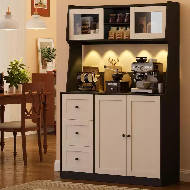 CuisinSmart Armoire de cuisine haute de 170 cm, meuble bar à café avec 3 tiroirs et éclairage, garde-manger autoportant