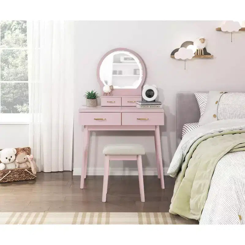 Coiffeuse de luxe Okak avec magnifique miroir et lumières, meuble de rangement avec tiroirs et tabouret, ensemble de coiffeuse princesse pour chambres à coucher