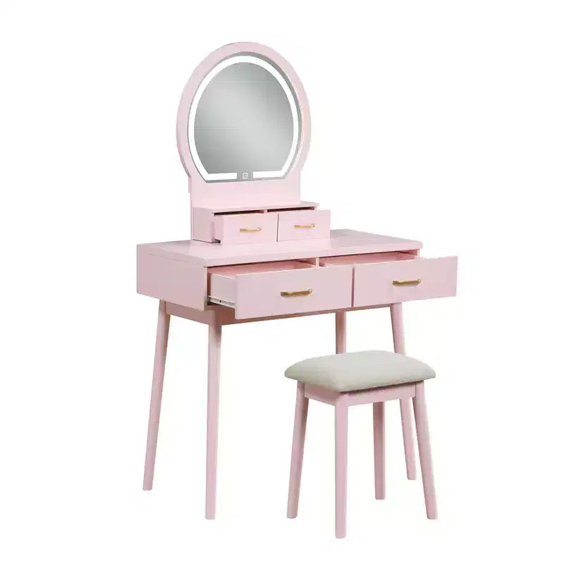 Coiffeuse de luxe Okak avec magnifique miroir et lumières, meuble de rangement avec tiroirs et tabouret, ensemble de coiffeuse princesse pour chambres à coucher