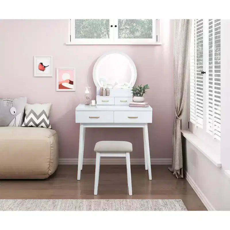 Coiffeuse de luxe Okak avec magnifique miroir et lumières, meuble de rangement avec tiroirs et tabouret, ensemble de coiffeuse princesse pour chambres à coucher