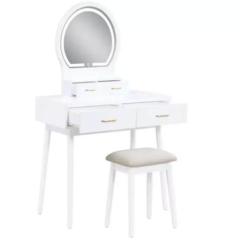 Coiffeuse de luxe Okak avec magnifique miroir et lumières, meuble de rangement avec tiroirs et tabouret, ensemble de coiffeuse princesse pour chambres à coucher