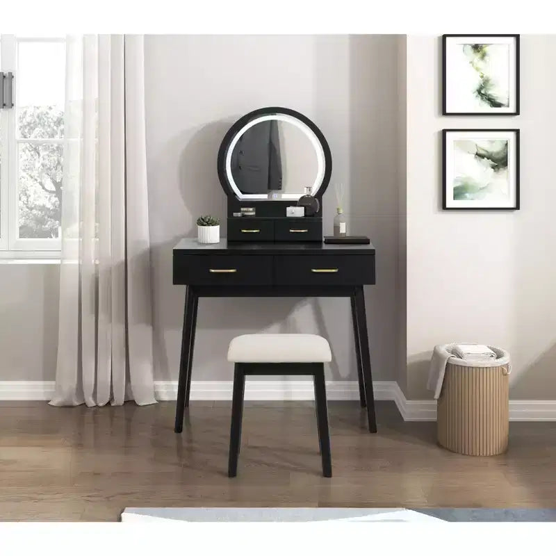 Coiffeuse de luxe Okak avec magnifique miroir et lumières, meuble de rangement avec tiroirs et tabouret, ensemble de coiffeuse princesse pour chambres à coucher