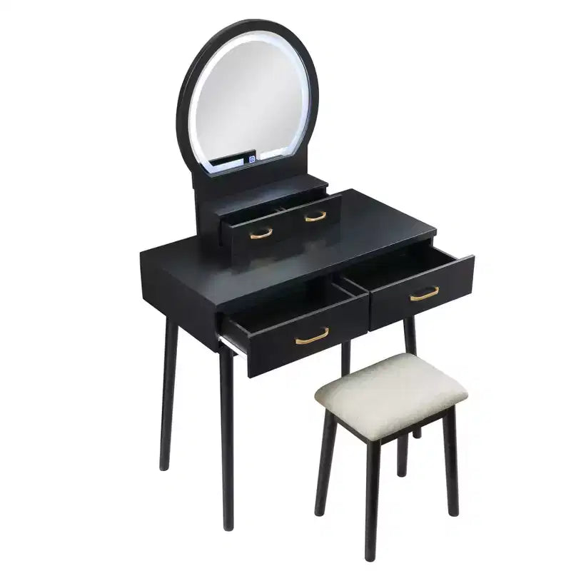Coiffeuse de luxe Okak avec magnifique miroir et lumières, meuble de rangement avec tiroirs et tabouret, ensemble de coiffeuse princesse pour chambres à coucher