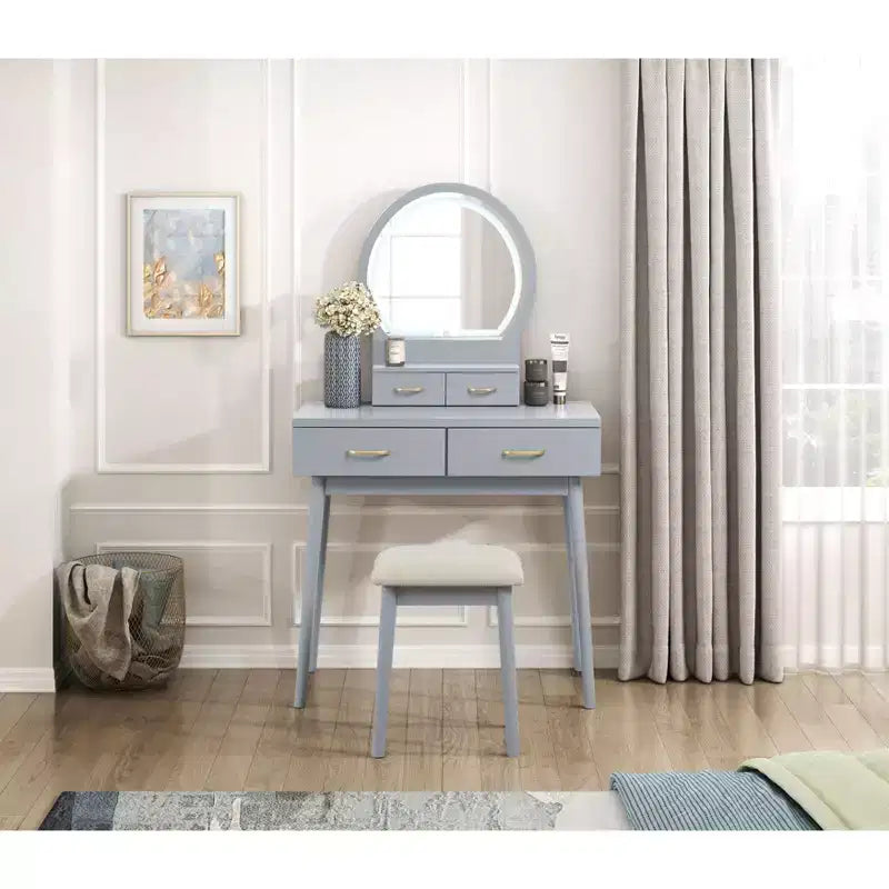 Coiffeuse de luxe Okak avec magnifique miroir et lumières, meuble de rangement avec tiroirs et tabouret, ensemble de coiffeuse princesse pour chambres à coucher