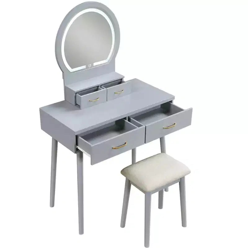 Coiffeuse de luxe Okak avec magnifique miroir et lumières, meuble de rangement avec tiroirs et tabouret, ensemble de coiffeuse princesse pour chambres à coucher