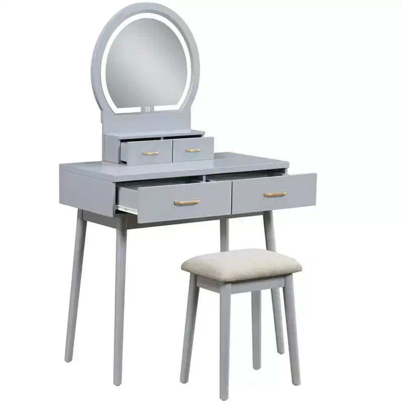 Coiffeuse de luxe Okak avec magnifique miroir et lumières, meuble de rangement avec tiroirs et tabouret, ensemble de coiffeuse princesse pour chambres à coucher