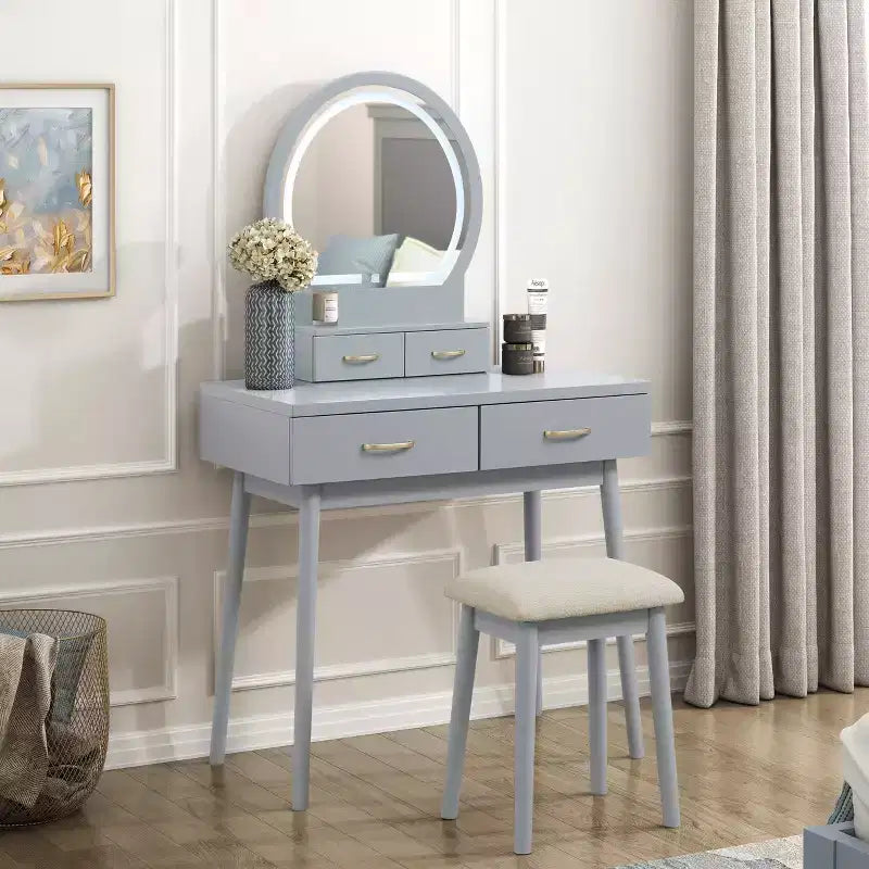 Coiffeuse de luxe Okak avec magnifique miroir et lumières, meuble de rangement avec tiroirs et tabouret, ensemble de coiffeuse princesse pour chambres à coucher