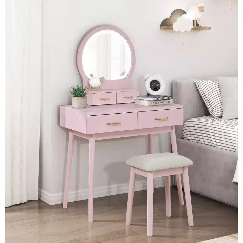 Coiffeuse de luxe Okak avec magnifique miroir et lumières, meuble de rangement avec tiroirs et tabouret, ensemble de coiffeuse princesse pour chambres à coucher