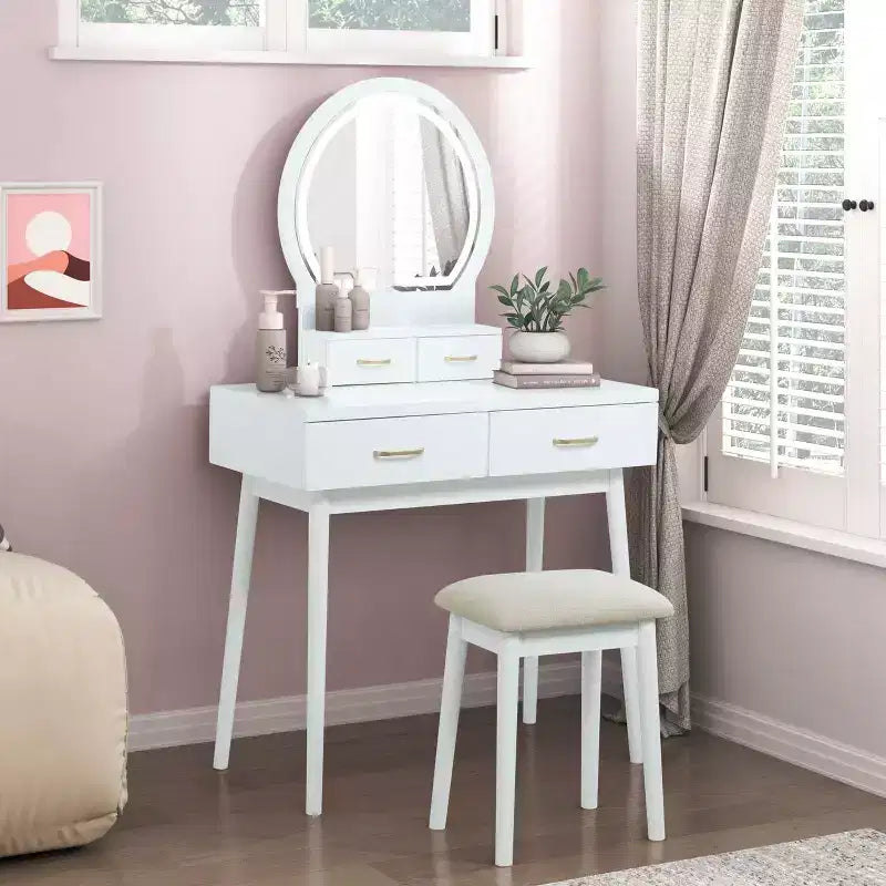 Coiffeuse de luxe Okak avec magnifique miroir et lumières, meuble de rangement avec tiroirs et tabouret, ensemble de coiffeuse princesse pour chambres à coucher