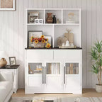 Buffet de cuisine de ferme moderne de 152 cm avec tiroirs, portes vitrées et étagère ouverte, meuble de rangement pour bar à café
