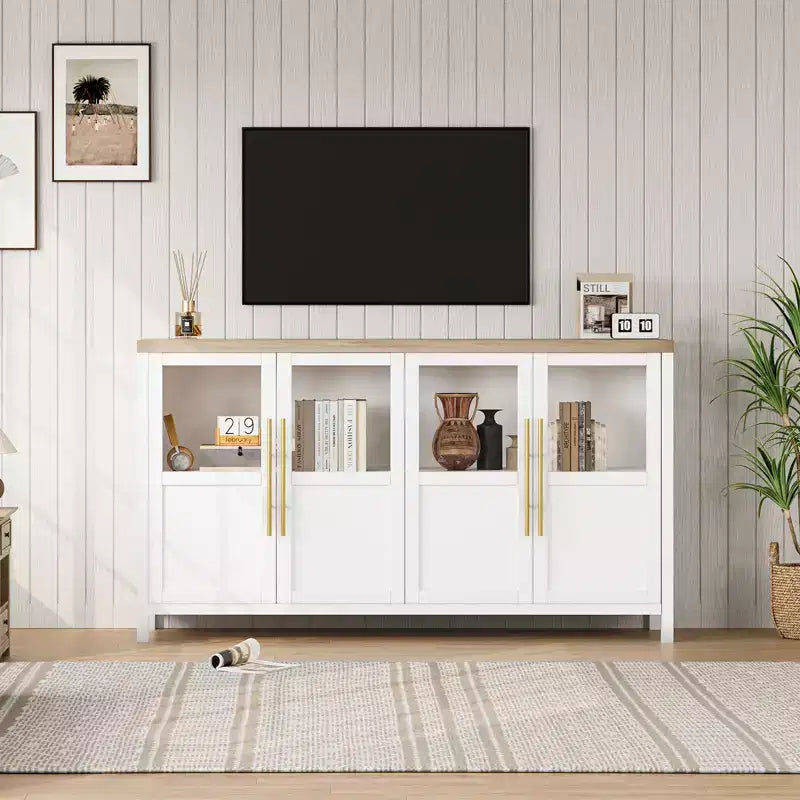 Grand buffet de 140 cm, meuble de rangement de cuisine avec portes vitrées, meuble bar à café de style rustique en bois, table de buffet de salle à manger avec rangement
