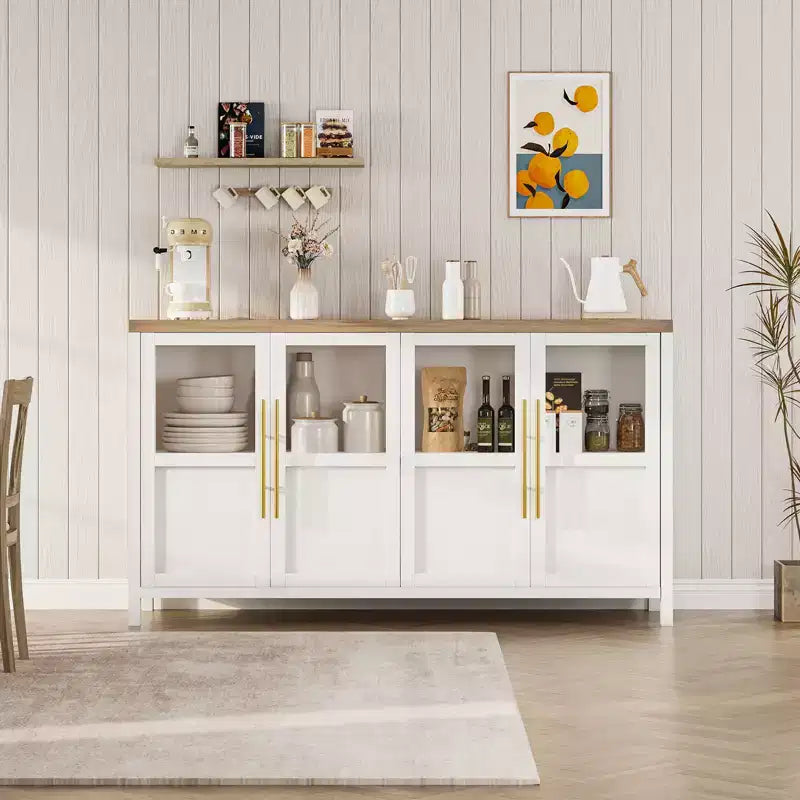 Grand buffet de 140 cm, meuble de rangement de cuisine avec portes vitrées, meuble bar à café de style rustique en bois, table de buffet de salle à manger avec rangement