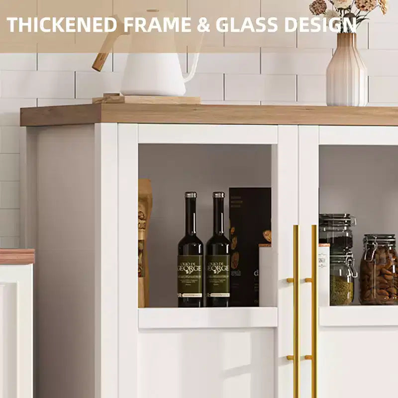 Grand buffet de 140 cm, meuble de rangement de cuisine avec portes vitrées, meuble bar à café de style rustique en bois, table de buffet de salle à manger avec rangement