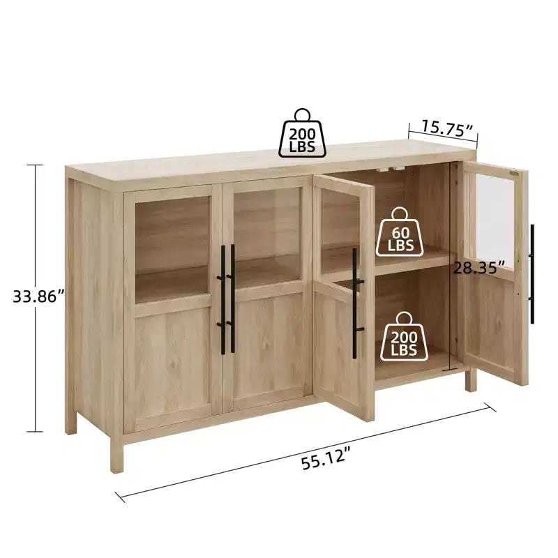 Grand buffet de 140 cm, meuble de rangement de cuisine avec portes vitrées, meuble bar à café de style rustique en bois, table de buffet de salle à manger avec rangement
