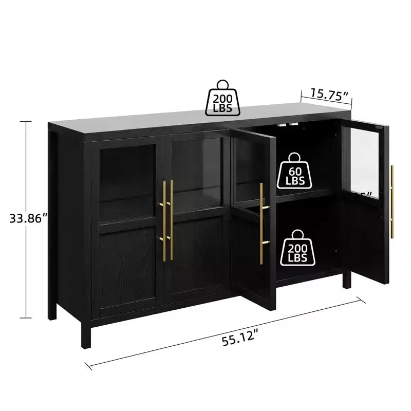 Grand buffet de 140 cm, meuble de rangement de cuisine avec portes vitrées, meuble bar à café de style rustique en bois, table de buffet de salle à manger avec rangement