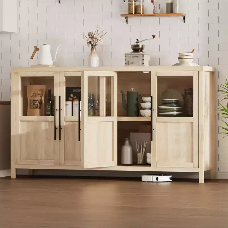 Grand buffet de 140 cm, meuble de rangement de cuisine avec portes vitrées, meuble bar à café de style rustique en bois, table de buffet de salle à manger avec rangement