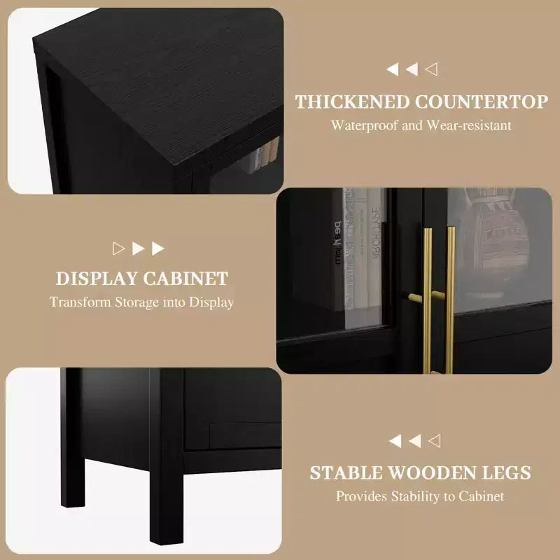 Grand buffet de 140 cm, meuble de rangement de cuisine avec portes vitrées, meuble bar à café de style rustique en bois, table de buffet de salle à manger avec rangement
