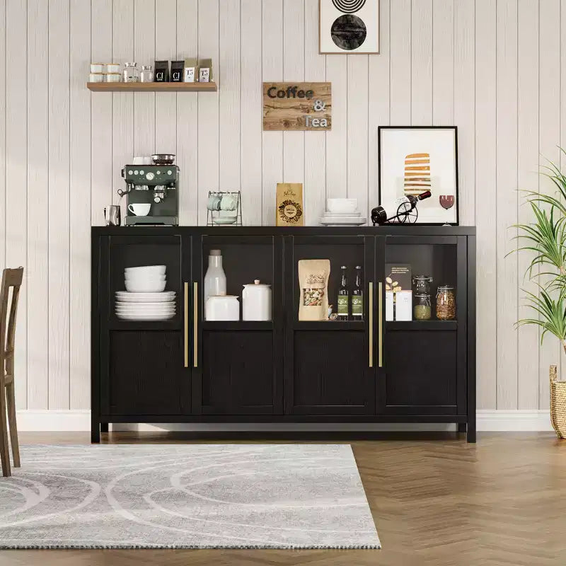 Grand buffet de 140 cm, meuble de rangement de cuisine avec portes vitrées, meuble bar à café de style rustique en bois, table de buffet de salle à manger avec rangement
