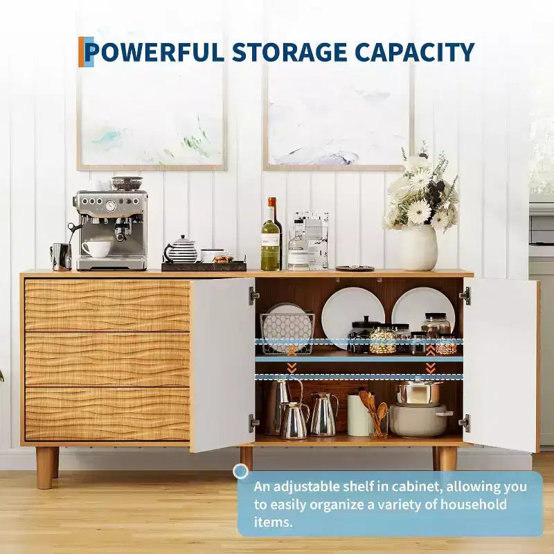 Buffet bahut de style Mid-century de 61 po, armoire de rangement de style campagnard avec 3 tiroirs, 2 portes à ouverture par poussée pour la salle à manger